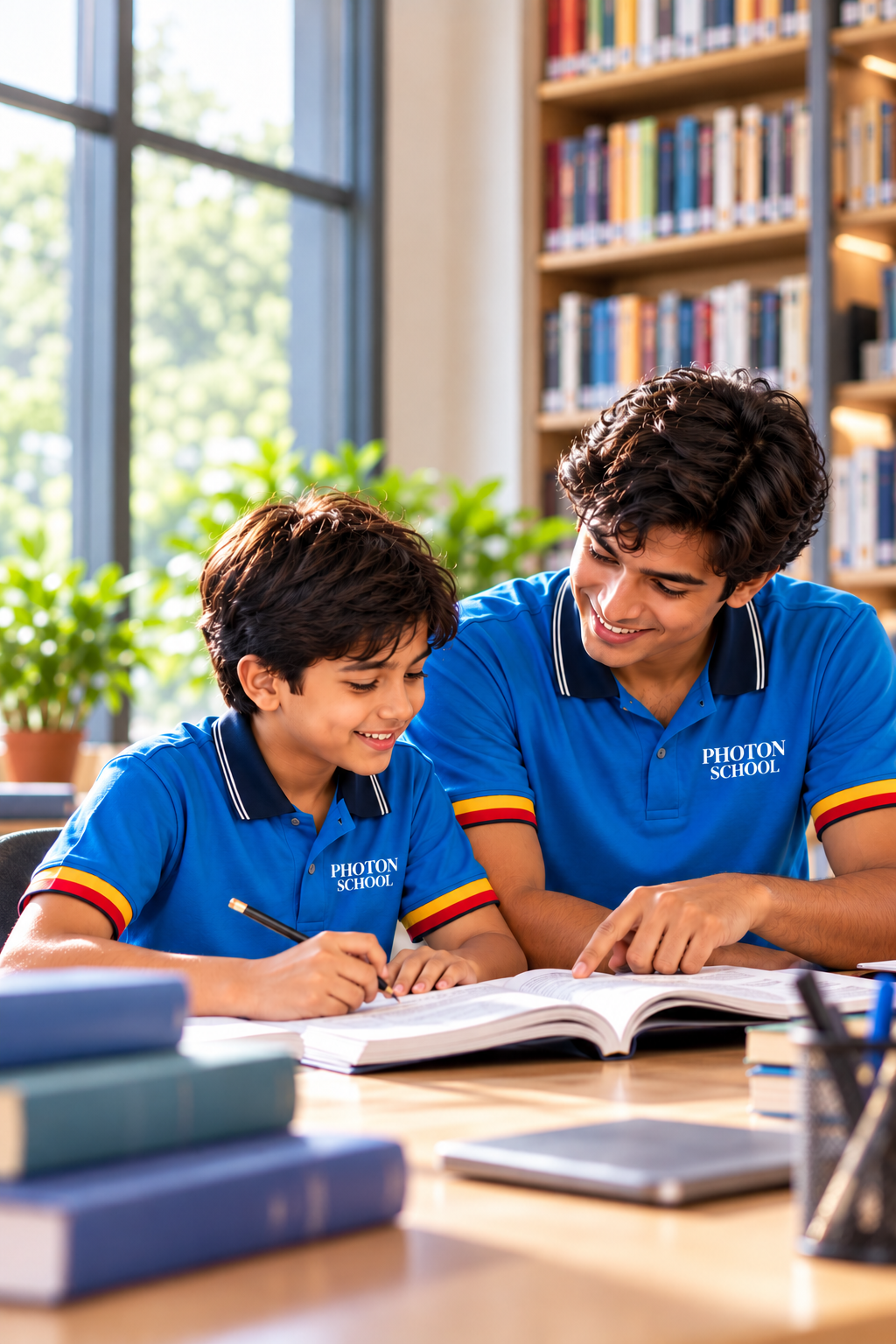 An adult and a child reading a book together in a library