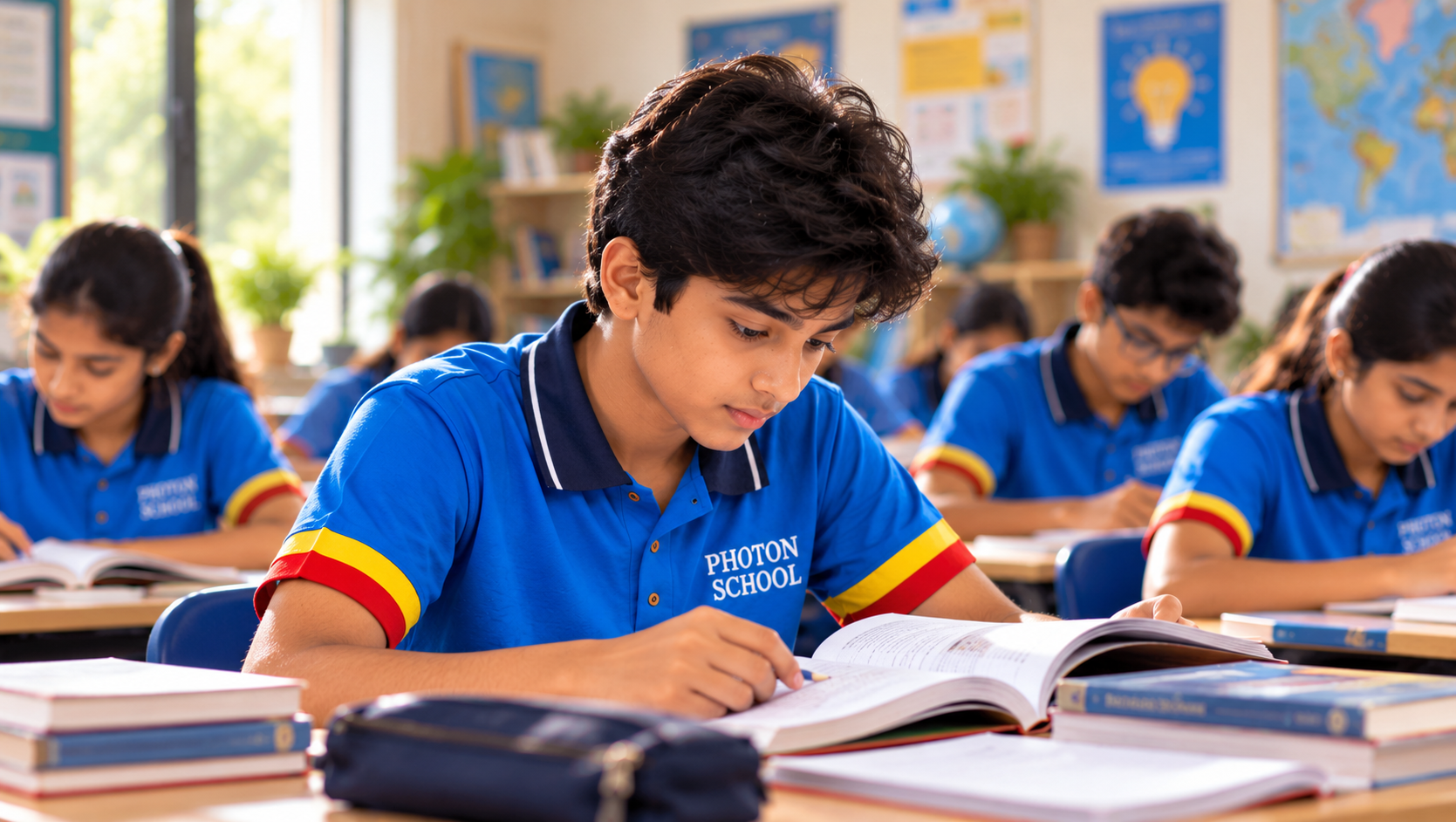 A secondary student reading with focus